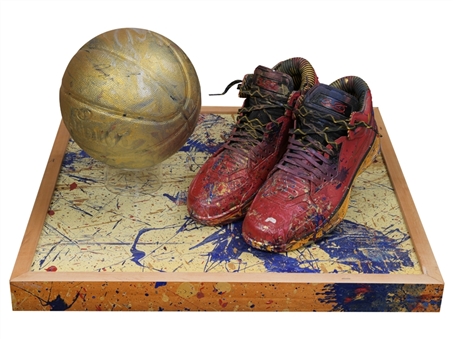 Dwayne Wade "In the Paint" Collection of Personal Items Including 24x24" Hand Painted Section of 2011 All Star Game Used Floor, Sneakers Worn and Basketball Used to Create the Artwork 